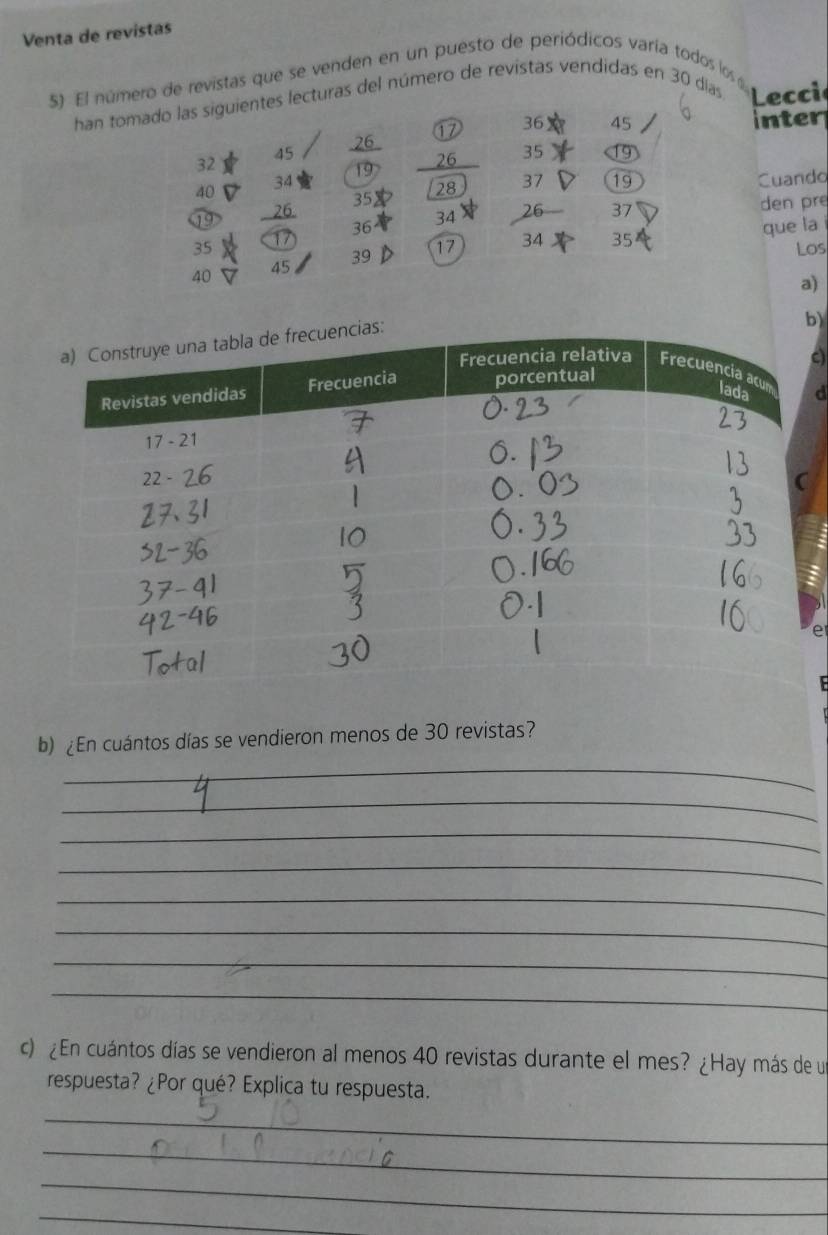 Venta de revistas 
5) El número de revistas que se venden en un puesto de periódicos varía todos los 
han tomado las siguientes lecturas del número de revistas vendidas en 30 días Lecci
26
⑰ 36 45 inter
45
32
26 35
19
34
37 19
40
19 Cuando
26
35 den pr
34 26 37
36 que la
17 34 35
35 Los
39
40
45
b) 
a) 
d 
c) 
e 
b) ¿ En cuántos días se vendieron menos de 30 revistas? 
_ 
_ 
_ 
_ 
_ 
_ 
_ 
_ 
c) ¿En cuántos días se vendieron al menos 40 revistas durante el mes? ¿Hay más de un 
respuesta? ¿Por qué? Explica tu respuesta. 
_ 
_ 
_ 
_