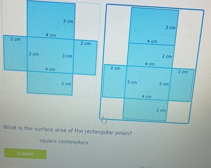 What is the surface area of the rectangular prism? 
square centimeters 
Submit