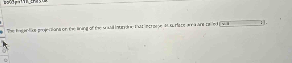 bo03pn11h_ch03.08 
The finger-like projections on the lining of the small intestine that increase its surface area are called villi :