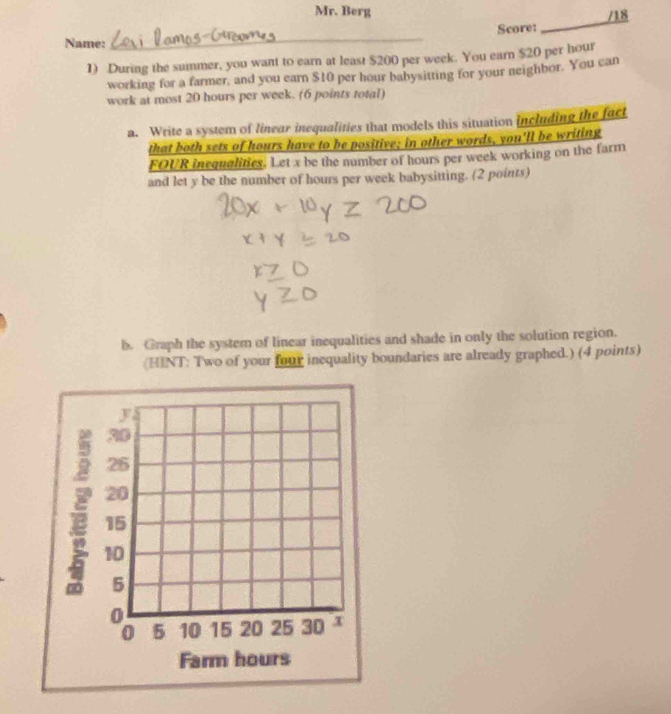 Mr. Berg 
Score: _/18 
Name: 
_ 
1) During the summer, you want to earn at least $200 per week. You earn $20 per hour
working for a farmer, and you earn $10 per hour babysitting for your neighbor. You can 
work at most 20 hours per week. (6 points total) 
a. Write a system of linear inequalities that models this situation including the fact 
that both sets of hours have to be positive; in other words, you'll be writing 
FOUR inequalities. Let x be the number of hours per week working on the farm 
and let y be the number of hours per week babysitting. (2 points) 
b. Graph the system of linear inequalities and shade in only the solution region. 
(HINT: Two of your four inequality boundaries are already graphed.) (4 points)
y
30
26
20
15
10
5
0
0 5 10 15 20 25 30 x
Farm hours