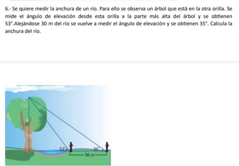 6.- Se quiere medir la anchura de un río. Para ello se observa un árbol que está en la otra orilla. Se
mide el ángulo de elevación desde esta orilla a la parte más alta del árbol y se obtienen
53° F.Alejándose 30 m del río se vuelve a medir el ángulo de elevación y se obtienen 35°. Calcula la
anchura del río.