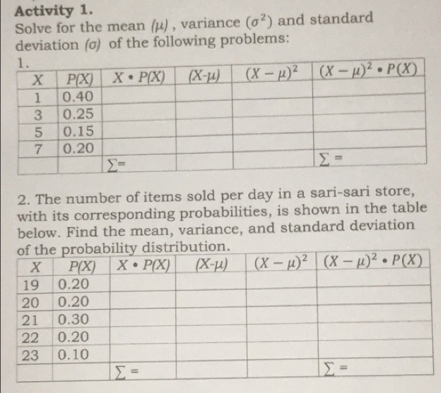 Activity 1.
Solve for the mean (μ) , variance (sigma^2) and standard
deviation (σ) of the following problems:
2. The number of items sold per day in a sari-sari store,
with its corresponding probabilities, is shown in the table
below. Find the mean, variance, and standard deviation