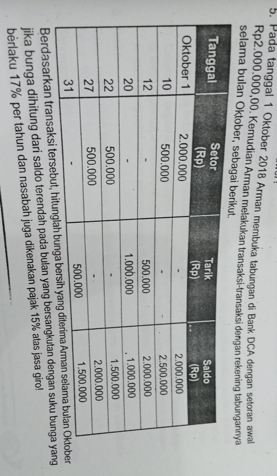 Pada tanggal 1 Oktober 2018 Arman membuka tabungan di Bank DCA dengan setoran awal
Rp2.000.000,00. Kemudian Arman melakukan transaksi-transaksi dengan rekening tabungannya 
selama bulan Oktober, se 
Berdasarkan transaksi terse 
jika bunga dihitung dari saldo terendah pada bulan yang bersangkutan dengán suku bung 
berlaku 17% per tahun dan nasabah juga dikenakan pajak 15% atas jasa giro!