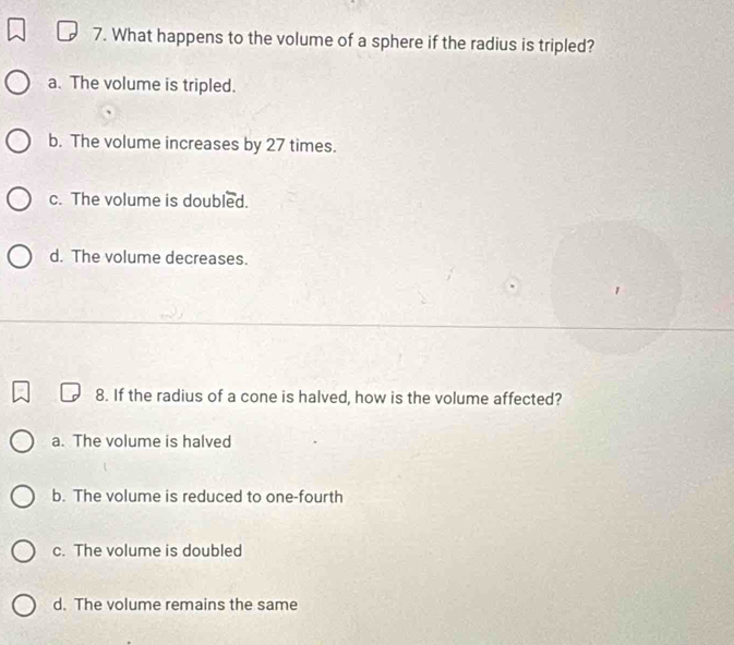 Solved: What happens to the volume of a sphere if the radius is tripled ...