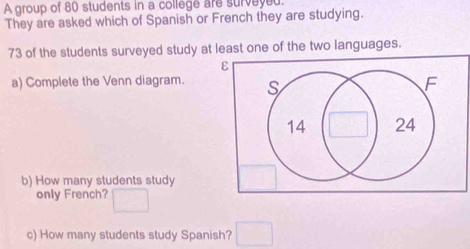 A group of 80 students in a college are surveyed. 
They are asked which of Spanish or French they are studying.
73 of the students surveyed study at least one of the two languages. 
a) Complete the Venn diagram. 
b) How many students study 
only French? □  
c) How many students study Spanish? □