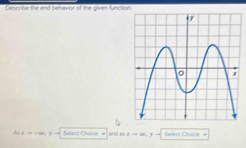 Describe the end behavior of the given function. 
As % wy Select Choice and as x ∞, y Select Choice