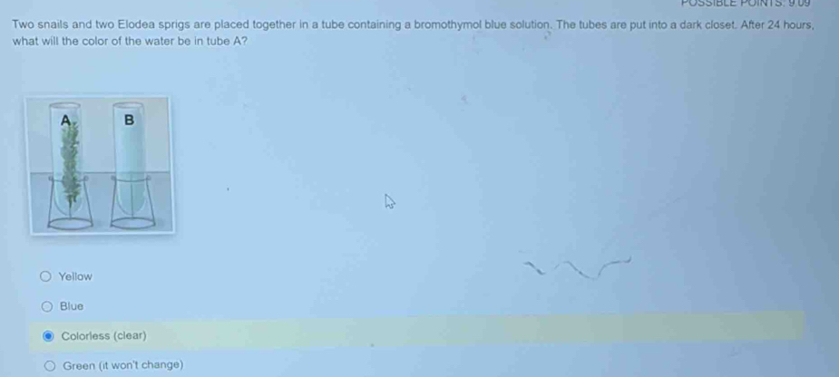 POSSIBLE POINTS: 9.09
Two snails and two Elodea sprigs are placed together in a tube containing a bromothymol blue solution. The tubes are put into a dark closet. After 24 hours,
what will the color of the water be in tube A?
Yellow
Blue
Colorless (clear)
Green (it won't change)