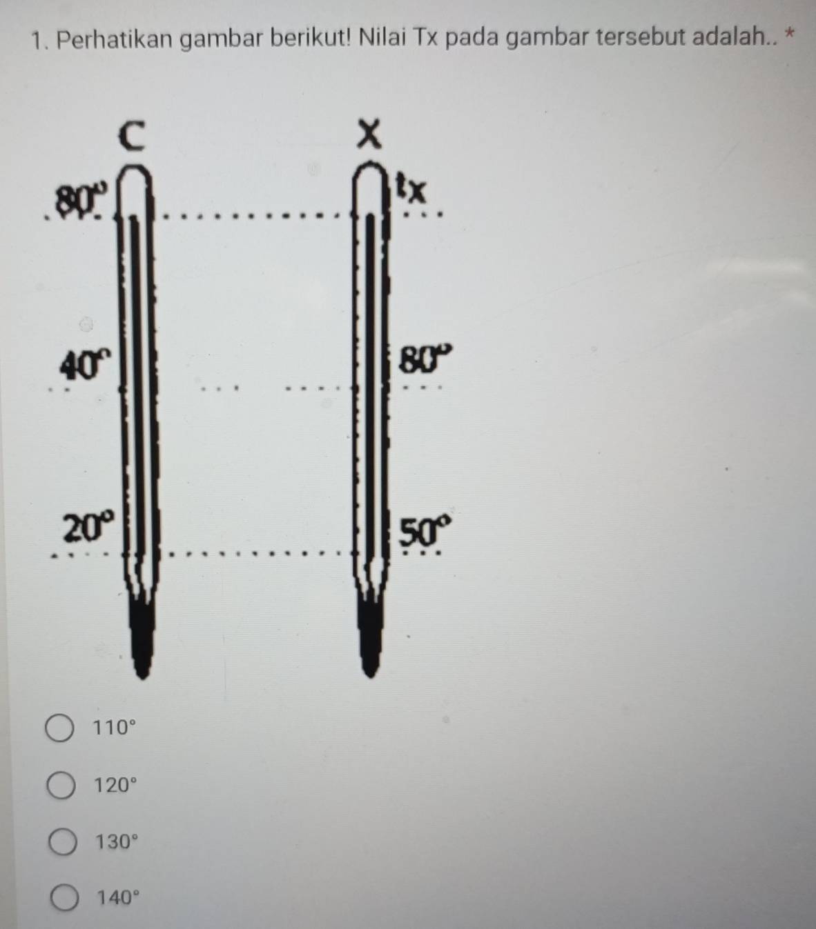 Perhatikan gambar berikut! Nilai Tx pada gambar tersebut adalah.. *
110°
120°
130°
140°