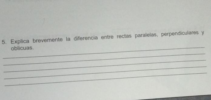 Explica brevemente la diferencia entre rectas paralelas, perpendiculares y 
_oblicuas. 
_ 
_ 
_ 
_