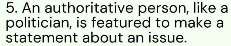 An authoritative person, like a 
politician, is featured to make a 
statement about an issue.