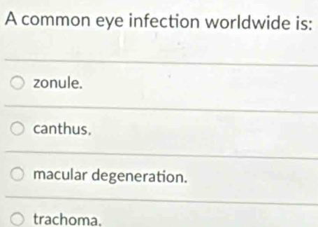 A common eye infection worldwide is:
zonule.
canthus,
macular degeneration.
trachoma.