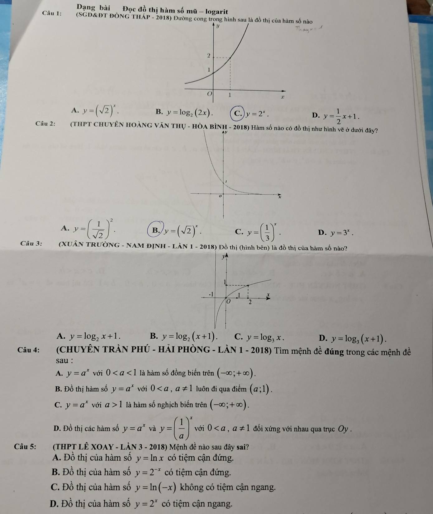 Dạng bài Đọc đồ thị hàm số mũ - logarit
Câu 1:  (SGD&ĐT ĐÔNG THÁP - 2018) Đường cong trong hình sau là đồ thị của hàm số nào
A. y=(sqrt(2))^x. B. y=log _2(2x). C. y=2^x. D. y= 1/2 x+1.
Câu 2: (thpt chuyên hoàng văn tỉ IV-HO a bình - 2018) Hàm số nào có đồ thị như hình vẽ ở dưới đây?
A. y=( 1/sqrt(2) )^2. B. y=(sqrt(2))^x. C. y=( 1/3 )^x.
D. y=3^x.
Câu 3: (XUÂN TRƯỜNG - NAM ĐỊNH - LÀN 1-2018) Đồ thị (hình bên) là đồ thị của hàm số nào?
A. y=log _2x+1. B. y=log _2(x+1). C. y=log _3x. D. y=log _3(x+1).
Câu 4:  (CHUYÊN TRÀN PHÚ - HẢI PHÒNG - LÀN 1 - 2018) Tìm mệnh đề đúng trong các mệnh đề
sau :
A. y=a^x với 0 là hàm số đồng biến trên (-∈fty ;+∈fty ).
B. Đồ thị hàm số y=a^x với 0 luôn đi qua điểm (a;1).
C. y=a^x với a>1 là hàm số nghịch biến trên (-∈fty ;+∈fty ).
D. Đồ thị các hàm số y=a^x và y=( 1/a )^x với 0 đối xứng với nhau qua trục Oy .
Câu 5:  (THPT LÊ XOAY - LÀN 3 - 2018) Mệnh đề nào sau đây sai?
A. Đồ thi của hàm số y=ln x có tiệm cận đứng.
B. Dhat o thị của hàm số y=2^(-x) có tiệm cận đứng.
C. Dhat A thị của hàm số y=ln (-x) không có tiệm cận ngang.
D. Đồ thị của hàm số y=2^x có tiệm cận ngang.