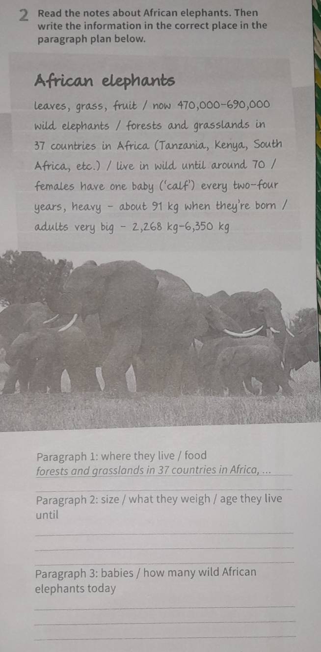 Read the notes about African elephants. Then 
write the information in the correct place in the 
paragraph plan below. 
African elephants 
leaves, grass, fruit / now 470,000-690,000
wild elephants / forests and grasslands in
37 countries in Africa (Tanzania, Kenya, South 
Africa, etc.) / live in wild until around 70 /
females have one baby (‘calf’) every two-four 
years, heavy - about 91 kg when they're born / 
adults very big - 2,268 kg - 6,350 kg
Paragraph 1: where they live / food 
forests and grasslands in 37 countries in Africa, ..._ 
_ 
Paragraph 2: size / what they weigh / age they live 
until 
_ 
_ 
_ 
Paragraph 3: babies / how many wild African 
elephants today 
_ 
_ 
_