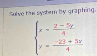 Solve the system by graphing.
beginarrayl x= (2-5y)/4  y= (-23+5x)/4 endarray.