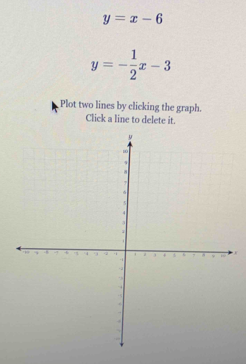 y=x-6
y=- 1/2 x-3
Plot two lines by clicking the graph.
Click a line to delete it.
X