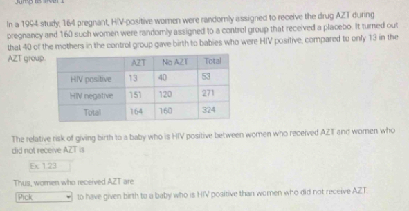 mp to v 
In a 1994 study, 164 pregnant, HIV-positive women were randomly assigned to receive the drug AZT during 
pregnancy and 160 such women were randomly assigned to a control group that received a placebo. It turned out 
that 40 of the mothers in the control group gave birth to babies who were HIV positive, compared to only 13 in the 
AZT group 
The relative risk of giving birth to a baby who is HIV positive between women who received AZT and women who 
did not receive AZT is 
Ex 1.23
Thus, women who received AZT are 
Pick to have given birth to a baby who is HIV positive than women who did not receive AZT.