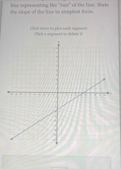 line representing the "run" of the line. State 
the slope of the line in simplest form. 
Click twice to plot each segment. 
Click a segment to delete it.