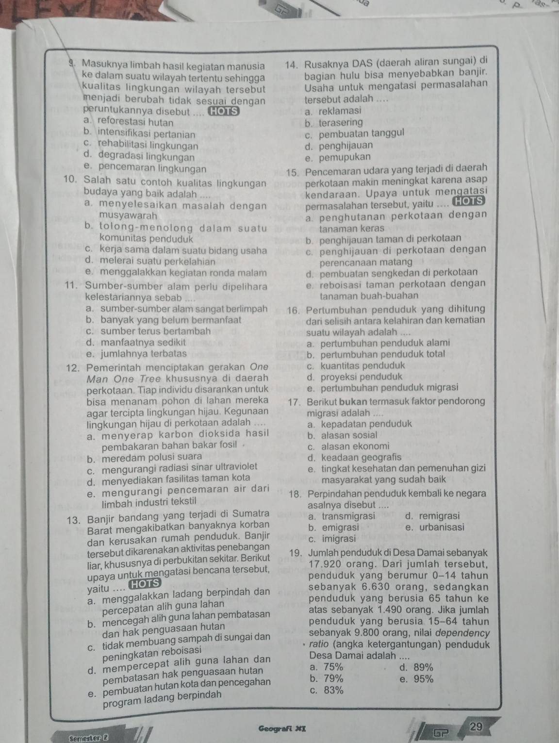 Masuknya limbah hasil kegiatan manusia 14. Rusaknya DAS (daerah aliran sungai) di
ke dalam suatu wilayah tertentu sehingga bagian hulu bisa menyebabkan banjir.
kualitas lingkungan wilayah tersebut Usaha untuk mengatasi permasalahan
menjadi berubah tidak sesuai dengan tersebut adalah ....
peruntukannya disebut .... HOTS a. reklamasi
a. reforestasi hutan b. terasering
b. intensifikasi pertanian c. pembuatan tanggul
c. rehabilitasi lingkungan d. penghijauan
d. degradasi lingkungan e. pemupukan
e. pencemaran lingkungan
15. Pencemaran udara yang terjadi di daerah
10. Salah satu contoh kualitas lingkungan perkotaan makin meningkat karena asap
budaya yang baik adalah kendaraan. Upaya untuk mengatasi
a. menyelesaikan masalah dengan permasalahan tersebut, yaitu .... HOTS
musyawarah
a. penghutanan perkotaan dengan
b. tolong-menolong dalam suatu tanaman keras
komunitas penduduk b. penghijauan taman di perkotaan
c. kerja sama dalam suatu bidang usaha
d. melerai suatu perkelahian c. penghijauan di perkotaan dengan
perencanaan matang
e. menggalakkan kegiatan ronda malam d. pembuatan sengkedan di perkotaan
11. Sumber-sumber alam perlu dipelihara e reboisasi taman perkotaan dengan
kelestariannya sebab    tanaman buah-buahan
a. sumber-sumber alam sangat berlimpah 16. Pertumbuhan penduduk yang dihitung
b. banyak yang belum bermanfaat dari selisih antara kelahiran dan kematian
c. sumber terus bertambah suatu wilayah adalah ....
d. manfaatnya sedikit a. pertumbuhan penduduk alami
e. jumlahnya terbatas b. pertumbuhan penduduk total
12. Pemerintah menciptakan gerakan One c. kuantitas penduduk
Man One Tree khususnya di daerah d. proyeksi penduduk
perkotaan. Tiap individu disarankan untuk e. pertumbuhan penduduk migrasi
bisa menanam pohon di lahan mereka 17. Berikut bukan termasuk faktor pendorong
agar tercipta lingkungan hijau. Kegunaan migrasi adalah   
lingkungan hijau di perkotaan adalah a. kepadatan penduduk
a. menyerap karbon dioksida hasil b. alasan sosial
pembakaran bahan bakar fosil . c. alasan ekonomi
b. meredam polusi suara d. keadaan geografis
c. mengurangi radiasi sinar ultraviolet e. tingkat kesehatan dan pemenuhan gizi
d. menyediakan fasilitas taman kota masyarakat yang sudah baik
e. mengurangi pencemaran air dari 18. Perpindahan penduduk kembali ke negara
limbah industri tekstil asalnya disebut ....
13. Banjir bandang yang terjadi di Sumatra a. transmigrasi d. remigrasi
Barat mengakibatkan banyaknya korban b. emigrasi e. urbanisasi
dan kerusakan rumah penduduk. Banjir c. imigrasi
tersebut dikarenakan aktivitas penebangan
liar, khususnya di perbukitan sekitar. Berikut 19. Jumlah penduduk di Desa Damai sebanyak
17.920 orang. Dari jumlah tersebut,
upaya untuk mengatasi bencana tersebut, penduduk yang berumur 0-14 tahun
yaitu .... HOTS
a. menggalakkan ladang berpindah dan
sebanyak 6.630 orang, sedangkan
penduduk yang berusia 65 tahun ke
percepatan alih guna lahan
b. mencegah alih guna lahan pembatasan
atas sebanyak 1.490 orang. Jika jumlah
dan hak penguasaan hutan
penduduk yang berusia 15-64 tahun
c. tidak membuang sampah di sungai dan sebanyak 9.800 orang, nilai dependency
peningkatan reboisasi
ratio (angka ketergantungan) penduduk
d. mempercepat alih guna lahan dan
Desa Damai adalah ....
pembatasan hak penguasaan hutan
a. 75% d. 89%
e. pembuatan hutan kota dan pencegahan b. 79%
e. 95%
program ladang berpindah
c. 83%
Geografi XI
29
Semester 2