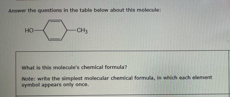 Answer the questions in the table below about this molecule:
What is this molecule's chemical formula?
Note: write the simplest molecular chemical formula, in which each element
symbol appears only once.