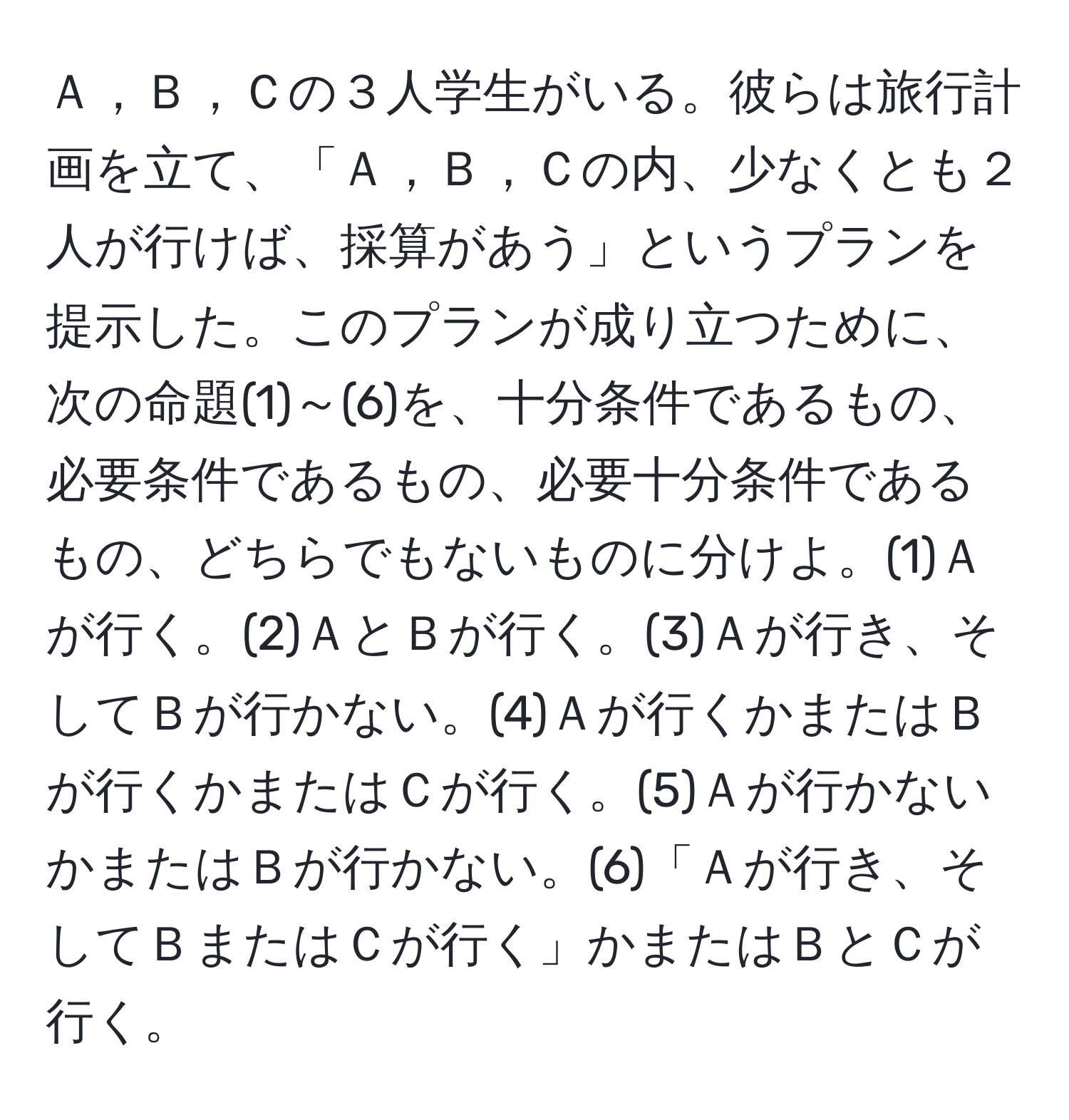 Ａ，Ｂ，Ｃの３人学生がいる。彼らは旅行計画を立て、「Ａ，Ｂ，Ｃの内、少なくとも２人が行けば、採算があう」というプランを提示した。このプランが成り立つために、次の命題(1)～(6)を、十分条件であるもの、必要条件であるもの、必要十分条件であるもの、どちらでもないものに分けよ。(1)Ａが行く。(2)ＡとＢが行く。(3)Ａが行き、そしてＢが行かない。(4)Ａが行くかまたはＢが行くかまたはＣが行く。(5)Ａが行かないかまたはＢが行かない。(6)「Ａが行き、そしてＢまたはＣが行く」かまたはＢとＣが行く。