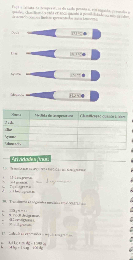 Faça a leitura da temperatura de cada pessoa e, em seguida, preencha o
quadro, classificando cada criança quanto à possibilidade ou não de febre,
de acordo com os limites apresentados anteriormente:
Duda
37.5°C
Elias
38.7°C
Ayume
37.8°C
Edmundo 39.2°C
Atividades finais
15. Transforme as seguintes medidas em decigramas:
a. 15 decagramas.
b. 324 gramas.
c. 7 quilogramas.
d. 2,1 hectogramas.
16. Transforme as seguintes medidas em decagramas:
a. 130 gramas.
b. 917 000 decigramas.
c. 482 centigramas
d. 30 miligramas.
17. Calcule as expressões a seguir em gramas:
a. 3,5kg+60dg-1500cg
b. 14hg+3dag-400dg