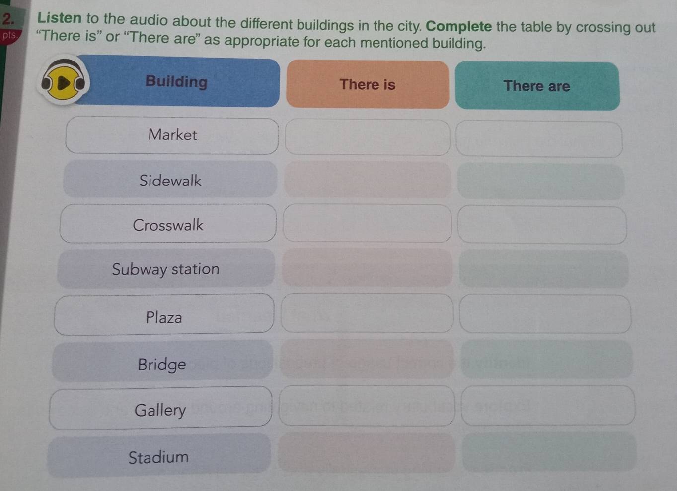 Listen to the audio about the different buildings in the city. Complete the table by crossing out
pts “There is” or “There are” as appropriate for each mentioned building.
Building There is There are
Market
Sidewalk
Crosswalk
Subway station
Plaza
Bridge
Gallery
Stadium