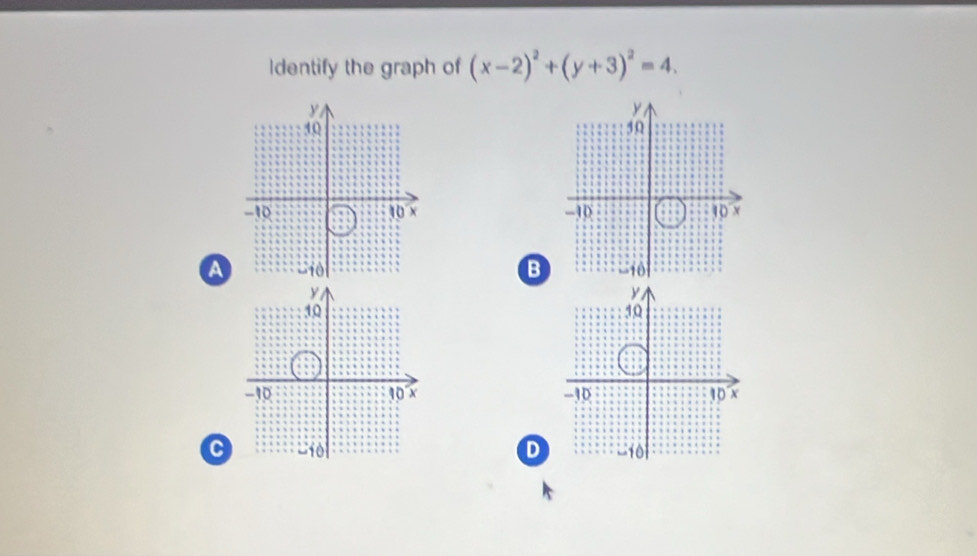 Identify the graph of (x-2)^2+(y+3)^2=4.

aB

CD