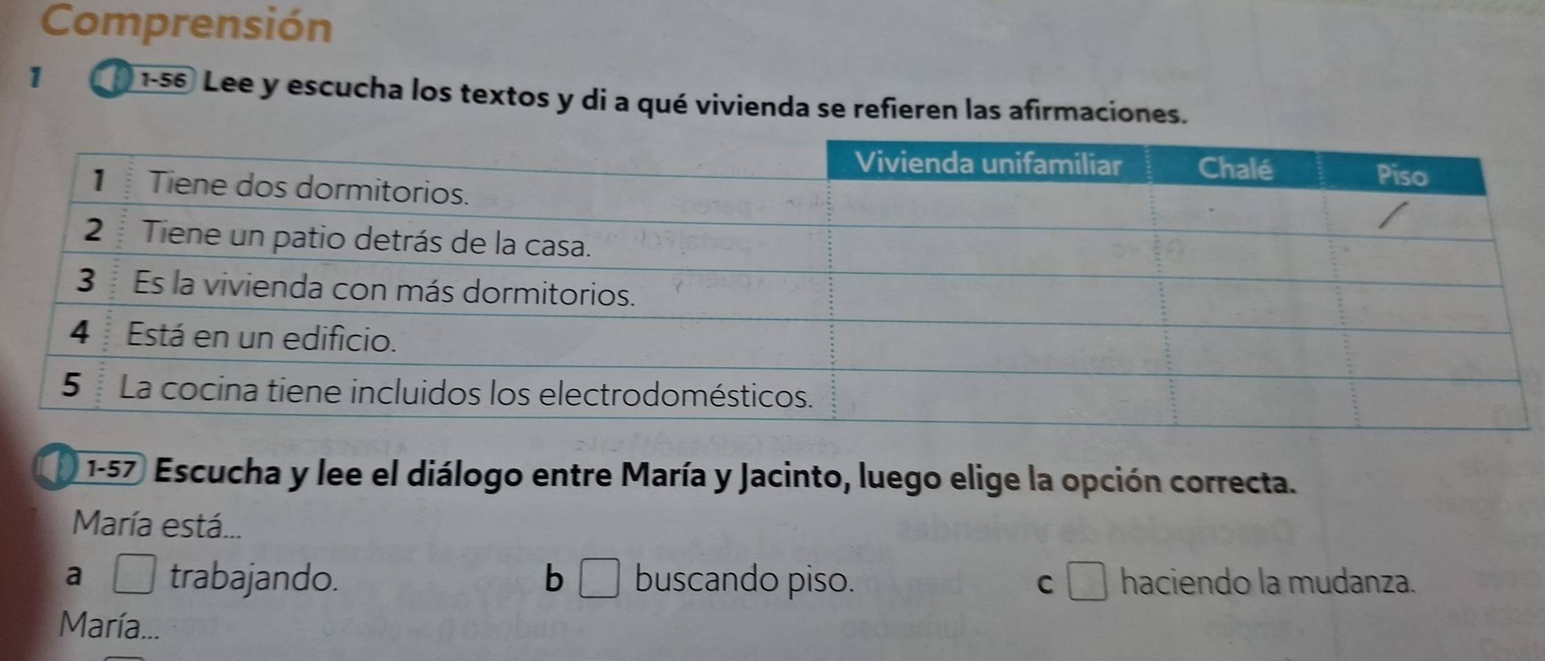 Comprensión
1
1-56 Lee y escucha los textos y di a qué vivienda se refieren las afirmaciones.
1-57 Escucha y lee el diálogo entre María y Jacinto, luego elige la opción correcta.
María está...
a trabajando. b □ buscando piso. C □ haciendo la mudanza.
María...