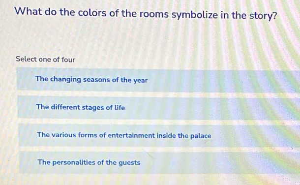 Solved: What do the colors of the rooms symbolize in the story? Select ...
