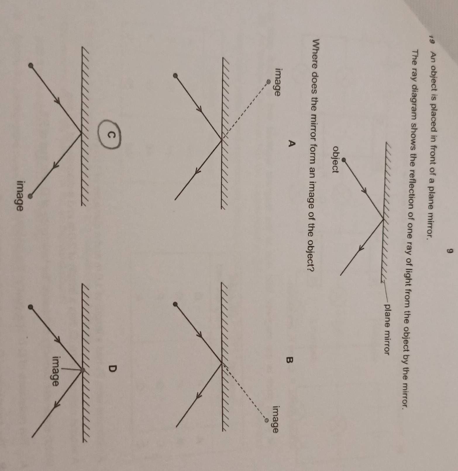 9 
19 An object is placed in front of a plane mirror. 
The ray diagram shows the reflection of one ray of light from the object by the mirror. 
plane mirror 
object 
Where does the mirror form an image of the object? 

D