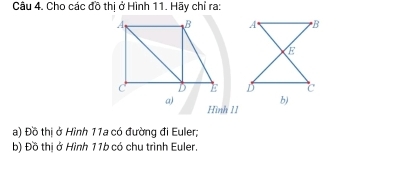 Cho các đồ thị ở Hình 11. Hãy chỉ ra: 

a) 
Hình 11 
a) Đồ thị ở Hình 11a có đường đi Euler; 
b) Đồ thị ở Hình 11b có chu trình Euler.