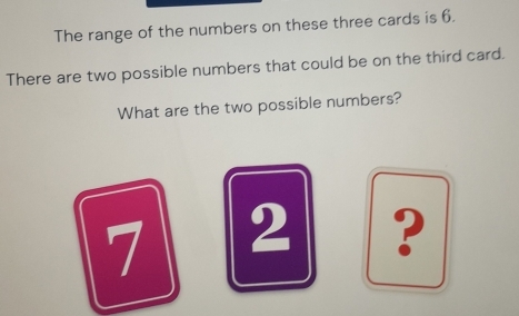 The range of the numbers on these three cards is 6. 
There are two possible numbers that could be on the third card. 
What are the two possible numbers?
7 2 ?