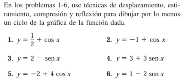 En los problemas 1-6, use técnicas de desplazamiento, esti- 
ramiento, compresión y reflexión para dibujar por lo menos 
un ciclo de la gráfica de la función dada. 
1. y= 1/2 +cos x
2. y=-1+cos x
3. y=2-sen x 4. y=3+3sen x
5. y=-2+4cos x 6. y=1-2sen x