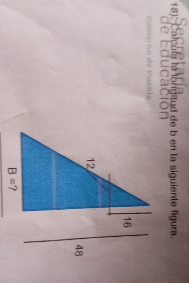 18): C alç la la longitud de b en la siguiente figura.
Educación
Cobiórno de Puebla
16
12
48
B= ?