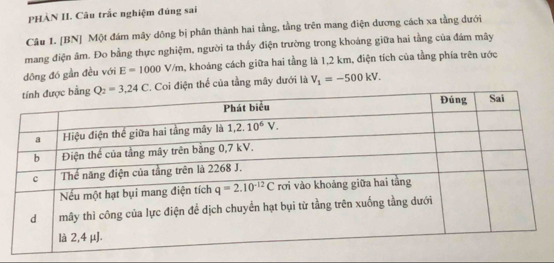 PHÀN II. Câu trắc nghiệm đúng sai
Câu 1. [BN] Một đám mây dông bị phân thành hai tầng, tầng trên mang điện dương cách xa tầng dưới
mang điện âm. Đo bằng thực nghiệm, người ta thấy điện trường trong khoảng giữa hai tầng của đám mây
dông đó gần đều với E=1000V/m , khoảng cách giữa hai tầng là 1,2 km, điện tích của tầng phía trên ước
Coi điện thế của tầng mây dưới là V_1=-500kV.