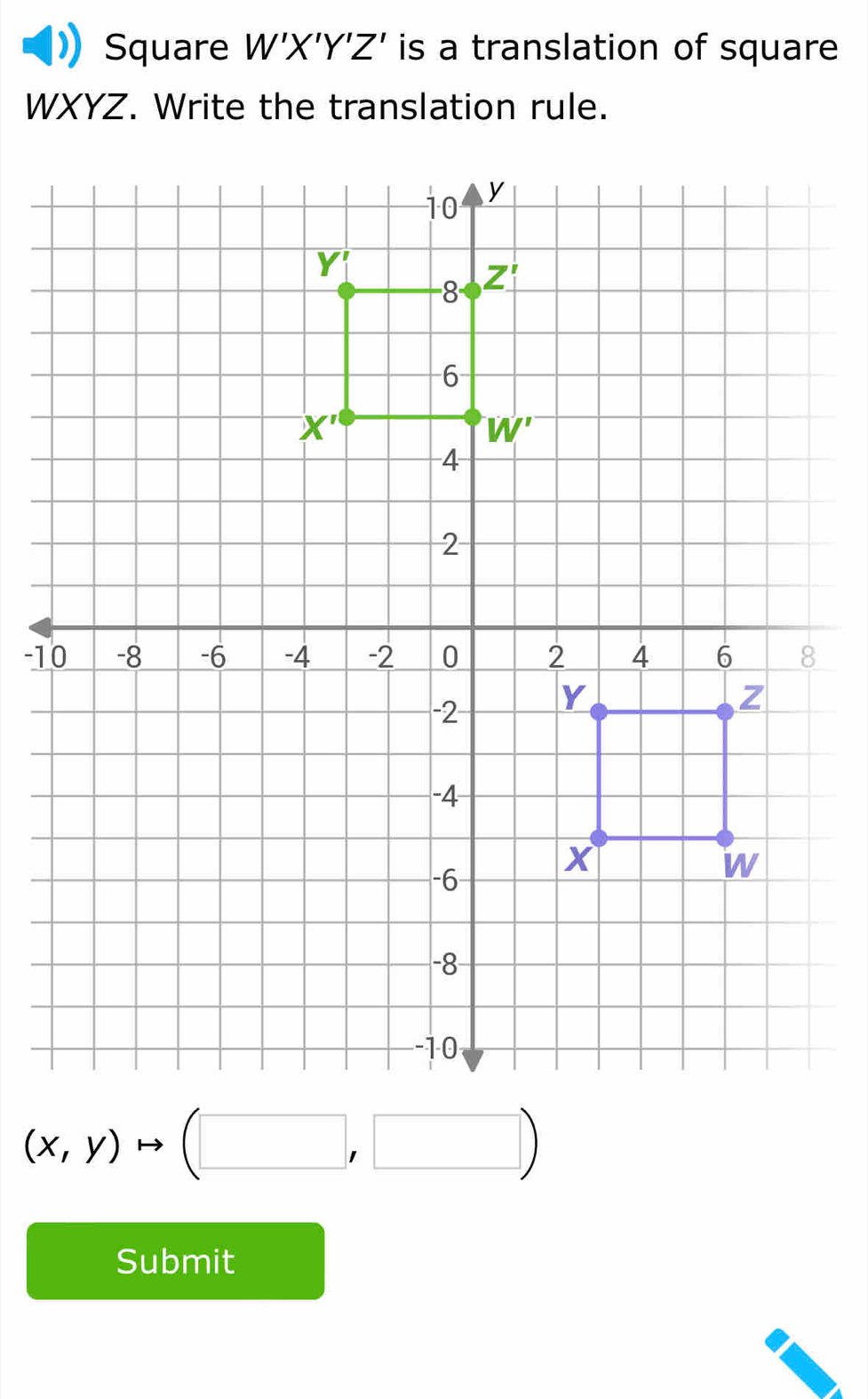 Square W'X'Y'Z' is a translation of square
WXYZ. Write the translation rule.
-1
(x,y)to (□ ,□ )
Submit