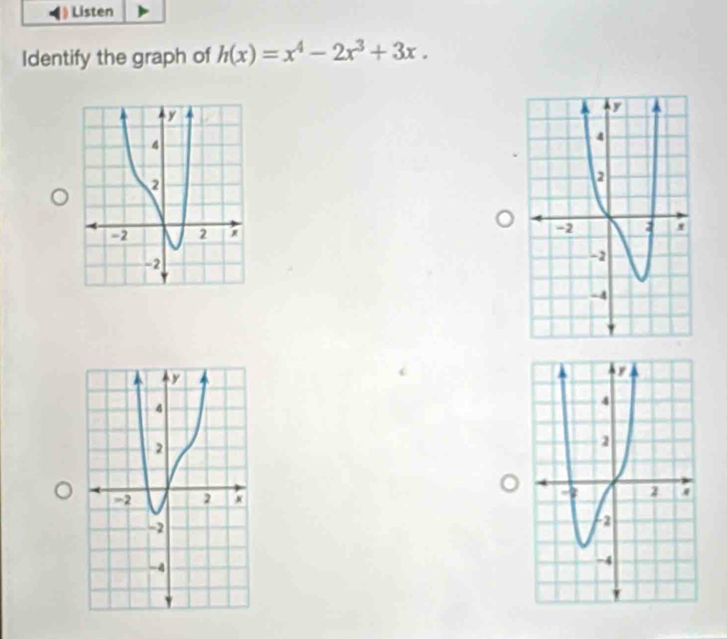 Listen 
Identify the graph of h(x)=x^4-2x^3+3x.