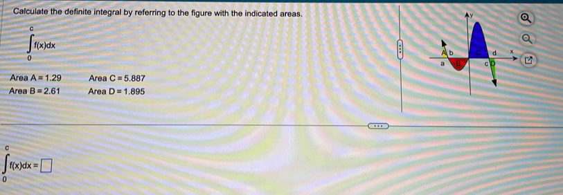 Calculate the definite integral by referring to the figure with the indicated areas.
∈tlimits _0^(cf(x)dx
Area A=1.29 Area C=5.887
Area B=2.61 Area D=1.895
C
∈t _0)f(x)dx=□