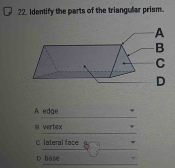 Identify the parts of the triangular prism.
A edge
B vertex
c lateral face
D base