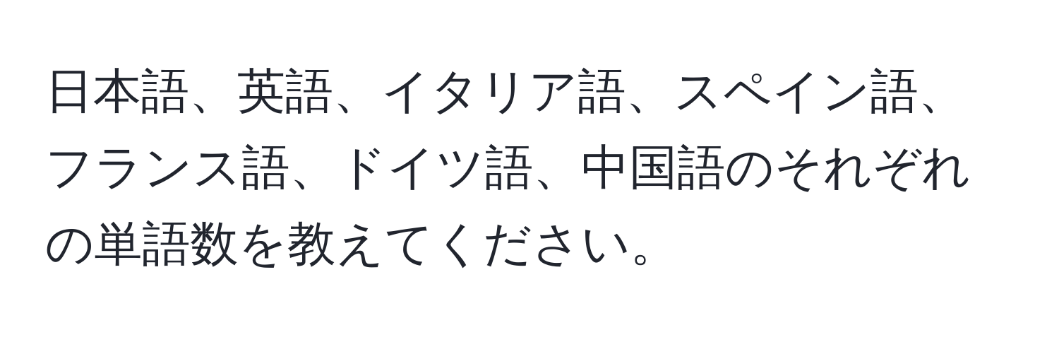 日本語、英語、イタリア語、スペイン語、フランス語、ドイツ語、中国語のそれぞれの単語数を教えてください。