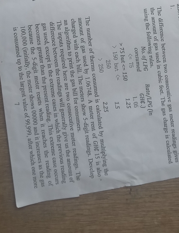 The difference between two consecutive gas meter readings gives 
the amount of gas used in cubic feet. The gas charge is calculated 
using the following rules. Rate/LPG (in 
No. of LPG GH¢ .) 
consumed 1.05

75but 1.25
150but 1.5
250 2.25
2 Y
The number of therms consumed is calculated by multiplying the 
amount of gas used by 1.06748. A meter rent of GH¢ 15 is also 
charged with each bill. The meters show 5 -digit readings. Develop 
an algorithm to print the gas bill for consumers. 
The inputs required here are two consecutive meter readings. The 
difference between the readings will generally give us the amount of 
gas used, except in the extreme cases in which the previous reading 
becomes greater than the present reading. This extreme case occurs 
because the 5-digit meter resets when it reaches the reading of
100,000 (initially, the meter shows 00000 and it increases as the gas 
is consumed up to the largest value of 99,999, after which one more 
7