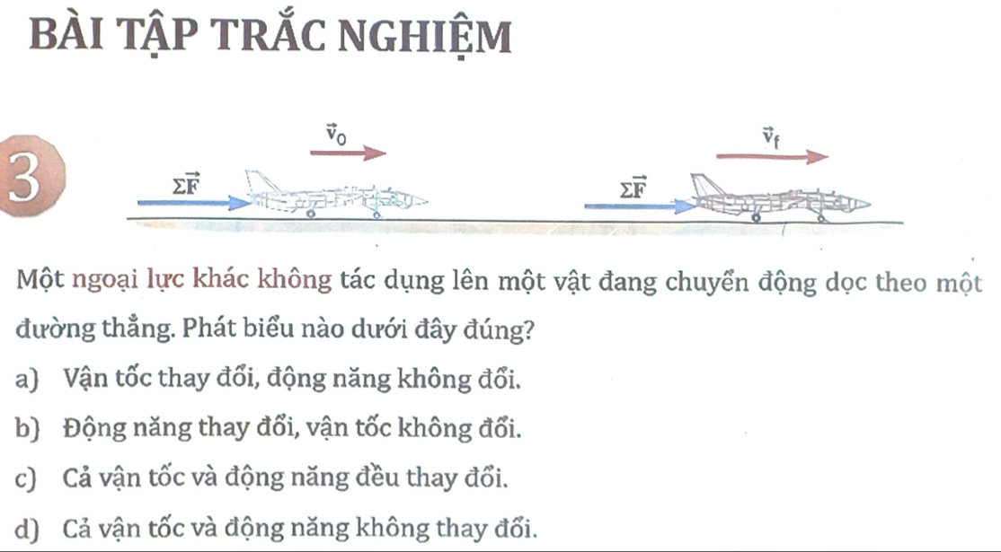 bÀI tập tRắC ngHIệm
vector v_0
vector v_f
3
sumlimits vector F
sumlimits vector F
Một ngoại lực khác không tác dụng lên một vật đang chuyển động dọc theo một
đường thẳng. Phát biểu nào dưới đây đúng?
a) Vận tốc thay đổi, động năng không đổi.
b) Động năng thay đổi, vận tốc không đổi.
c) Cả vận tốc và động năng đều thay đổi.
d) Cả vận tốc và động năng không thay đổi.