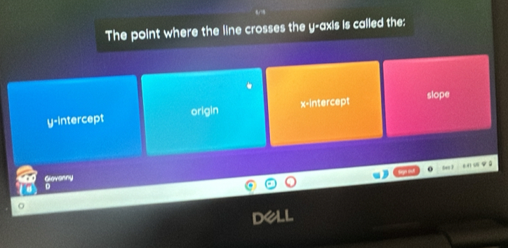 The point where the line crosses the y-axis is called the:
slope
origin
y-intercept x-intercept
Glevanny