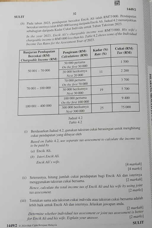 1449/2 
32 
SULIT 
(b) Pada tahun 2023, pendapatan bercukai Encik Ali ialah RM73000. Pendapatan 
bercukai isterinya ialah RM5 000 kurang daripada Encik Ali. Jadual 4.2 menunjukkan 
sebahagian daripada Kadar Cukai Individu untuk Tahun Taksiran 2023. 
In the year 2023, Encik Ali's chargeable income was RM73.000. His wife's 
chargeable income is RM5 000 less than his. Table 4.2 shows some of the Individual 
ar of 2023. 
5 
Jadua 
Table 4.2 
(i) Berdasarkan Jadual 4.2, gunakan taksiran cukai berasingan untuk menghitung 
cukai pendapatan yang dibayar oleh 
Based on Table 4.2, use separate tax assessment to calculate the income tax 
to be paid by 
(a) Encik Ali, 
(b) Isteri Encik Ali. 
Encik Ali's wife. 
[4 markah] 
[4 marks] 
(ii) Seterusnya, hitung jumlah cukai pendapatan bagi Encik Ali dan isterinya 
menggunakan taksiran cukai bersama. [2 markah] 
Hence, calculate the total income tax of Encik Ali and his wife by using joint 
tax assessment. 
[2 marks] 
(iii) Tentukan sama ada taksiran cukai individu atau taksiran cukai bersama adalah 
lebih baik untuk Encik Ali dan isterinya. Jelaskan jawapan anda. 
Determine whether individual tax assessment or joint tax assessment is better [2 markah] 
for Encik Ali and his wife. Explain your answer. [2 marks] 
SULIT 
1449/2 ©2024 Hak Cipta Kerajaun Malaysin