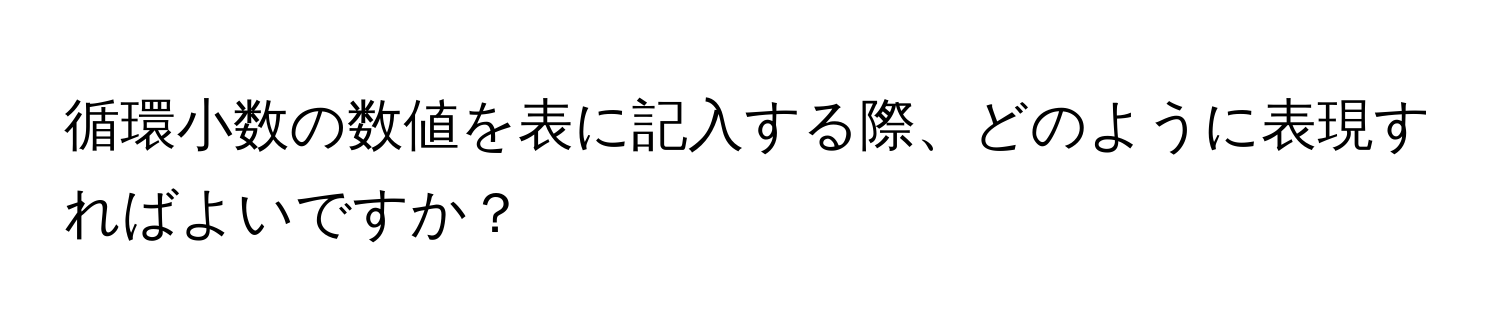 循環小数の数値を表に記入する際、どのように表現すればよいですか？