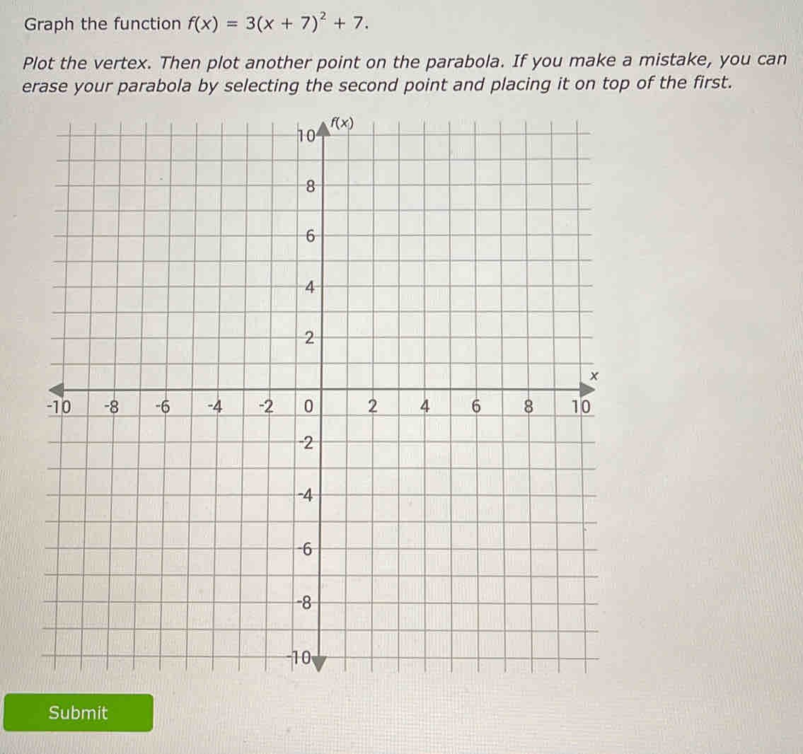 Graph the function f(x)=3(x+7)^2+7.
Plot the vertex. Then plot another point on the parabola. If you make a mistake, you can
erase your parabola by selecting the second point and placing it on top of the first.
Submit