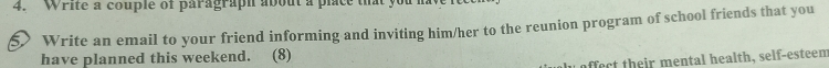 Write a couple of paragraph about a place th 
5 Write an email to your friend informing and inviting him/her to the reunion program of school friends that you 
have planned this weekend. (8) 
affet th eir m e ntal health, self-esteem