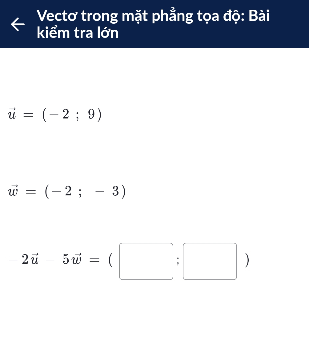 Vectơ trong mặt phẳng tọa độ: Bài 
kiểm tra lớn
vector u=(-2;9)
vector w=(-2;-3)
-2vector u-5vector w=(□ ;□ )