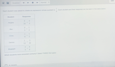 Question “  e   
Each student was asked to create an expression whose quotent i  1/3  Each sludent and thei response can be seen in the table below
Which students have answered comectly? Seeect.THREI that apply