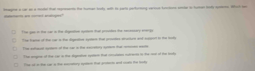 lmagine a car as a model that regnesents the human body, with its parts performing various functions similar to human body systems. Which two
statements are comect analogies?
The gas in the car is the digestive system that provides the necessary energy
The frame of the car is the digestive system that provides structure and support to the body
The exhaust systems of the car is the excretory system that removes waste.
The engine of the car is the digestive system that cinculates nutrients to the rest of the body.
The sil in the car is the excratory system that protects and coats the body.